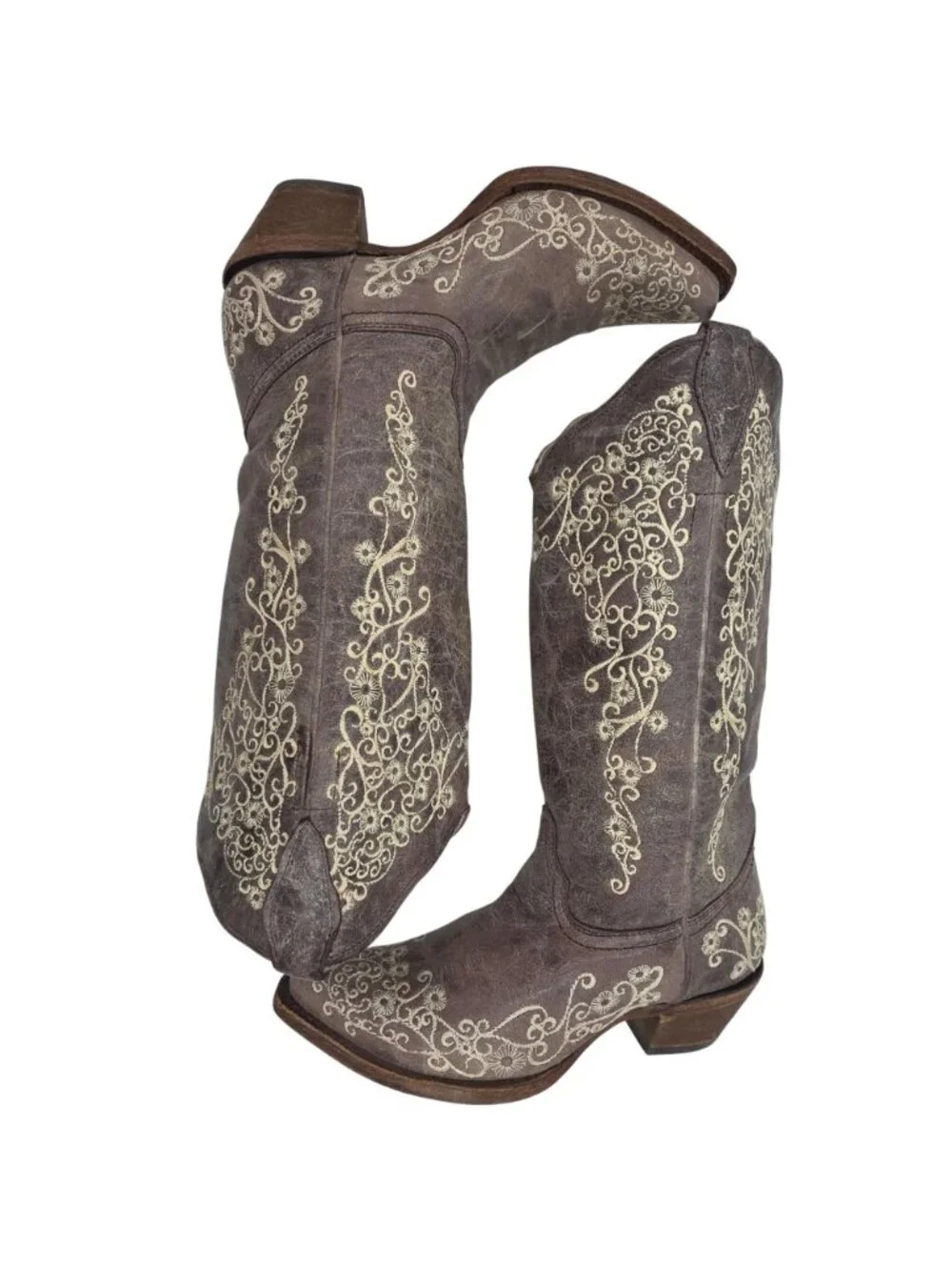 Corral Distressed Brown Leather Floral Cowgirl Western Boots Women 7M Snip Toe - Picture 4 of 16